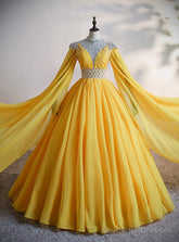 Yellow Chiffon Cap Sleeve Pleats Beading Crystal Quinceanera Dress